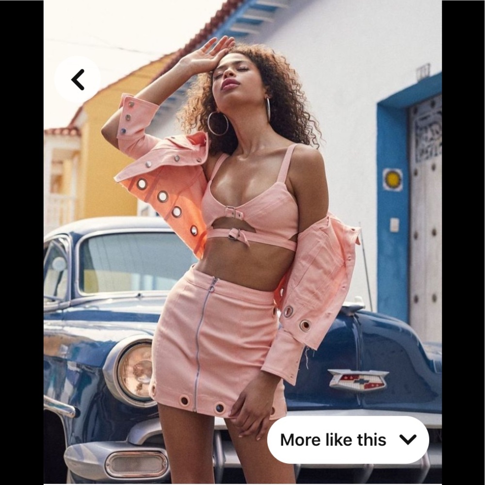 For Love & Lemons Creme Puff denim Cutout Buckle Bra Top mini Skirt Set S